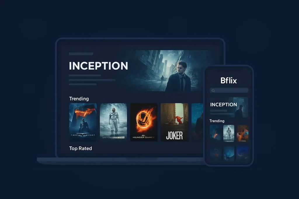 Bflix streaming interface displayed on laptop and smartphone showing trending movies like Inception and Joker in dark mode design.