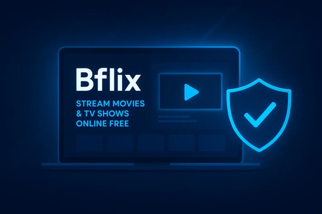 Bflix logo on a glowing futuristic screen with text “Stream Movies & TV Shows Online Free” and a digital blue security shield icon representing safe streaming.